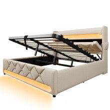 (Beige, 140x200cm) Lit simple rembourré avec tête de lit USB/Type-C,LED 360et coffre hydraulique,sans matelas