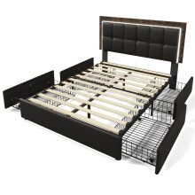 (140x200cm) Cadre de lit rembourré simple avec LED,4 tiroirs,tête réglable,lit fonctionnel en PU,sans matelas