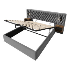 (Gray, 160x200cm) Ensemble chambre complet avec lit double hydraulique, 2 chevets, tĂŞte LED/USB, sans matelas