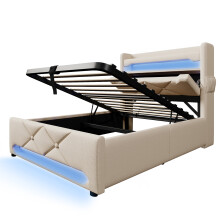 (Beige, 90x200cm) Lit simple rembourré avec tête de lit USB/Type-C,LED 360et coffre hydraulique,sans matelas