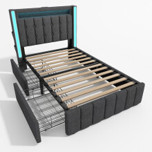 (90x200cm) Lit simple rembourré avec USB/Type-C,LED,2 tiroirs,rangement et sommier à lattes,sans matelas