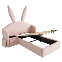 (Rose, 90x200cm) Lit de jeunesse rembourré avec rangement, table de chevet et oreilles de lapin, sans matelas