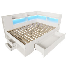 (140x200cm) Lit de jour,LED,bois composite,USB/Type-C,rangement,étagères,tiroirs,sommier inclus,sans matelas