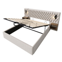 (Beige, 180x200cm) Ensemble chambre complet avec lit double hydraulique, 2 chevets, tĂŞte LED/USB, sans matelas