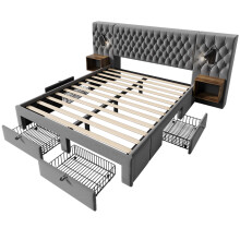 (Gray, 180x200cm) Ensemble chambre avec lit double rembourré,2 tables de chevet,4 tiroirs,tête LED/USB,sans matelas