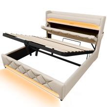 (Beige, 180x200cm) Lit simple rembourré avec tête de lit USB/Type-C,LED 360et coffre hydraulique,sans matelas
