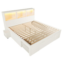 (140x200cm) Lit fonctionnel,rangement,table de chevet mobile,LED,port USB-C,tiroirs et étagères,sans matelas