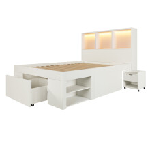 (90x200cm) Lit fonctionnel,rangement,table de chevet mobile,LED,port USB-C,tiroirs et étagères,sans matelas