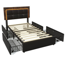 (90x200cm) Cadre de lit rembourré simple avec LED,4 tiroirs,tête réglable,lit fonctionnel en PU,sans matelas