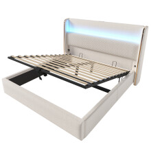 (140x200cm) Lit moderne hydraulique avec tête de lit,éclairage LED,rangement et ports USB/Type-C,sans matelas