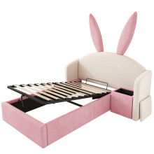 (Beige,Rose, 90x200cm) Lit de jeunesse rembourré avec rangement, table de chevet et oreilles de lapin, sans matelas