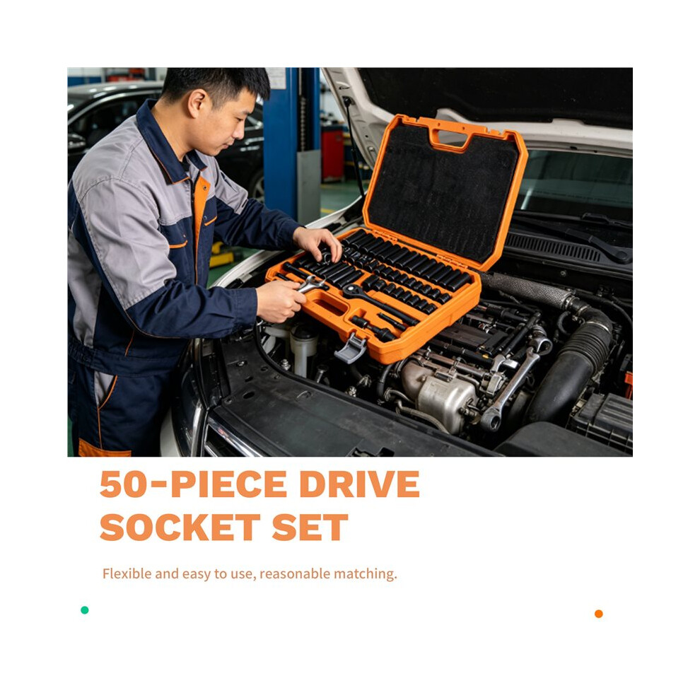 50-Piece 3/8" Drive Socket Set Sae & Metric - Chrome Vanadium Steel Impact Sockets With Extension Bar & Ratchet 4711852802730