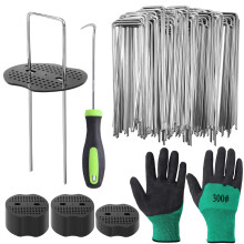 HuiCloud 50 Weed Control Membrane Pegs + 50 Buffer Washer, Heavy Duty Metal Ground Pegs Set with Hook and Gloves for Garden Landscape Weed Barrier Co
