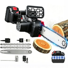 Papasbox 12-inch cordless chainsaw features a brushless motor,a cutting speed of up to 4,500 RPM,3,000 mAh battery,two chains,and a safety lock,makin
