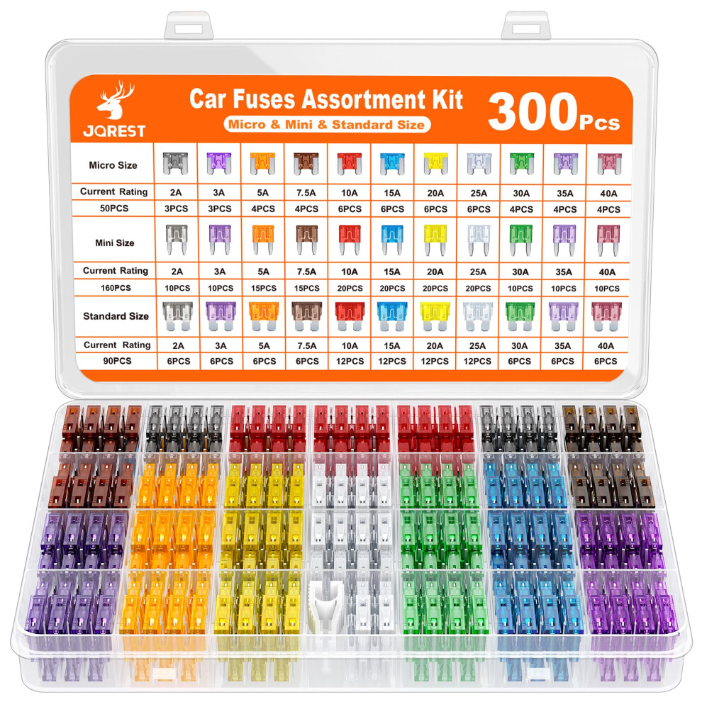 Jorest 300Pcs Car Fuses Assorted Kit, 160 Mini Blade Fuse Automotive + 90 Standard Mixed Fuses + 50 Micro Fuse Set + Puller Â For Rv Truck Motorcycl 3777038159631