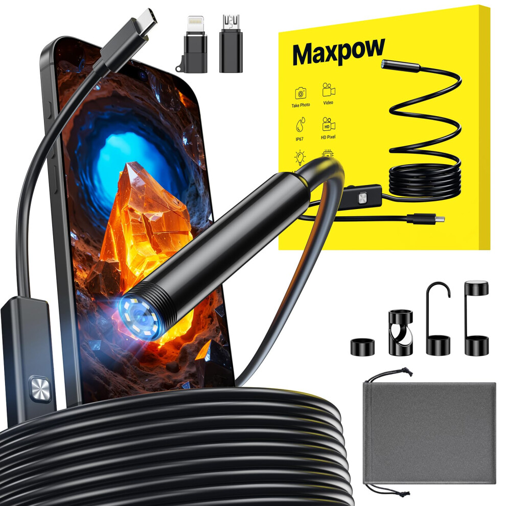 Maxpow Endoscope Inspection Camera - 1920Hd Flexible Rigid Snake Endoscope, 8 Led Adjustable Borescope, Ip67 Waterproof Probe Drain Inspection For An 5769409537191