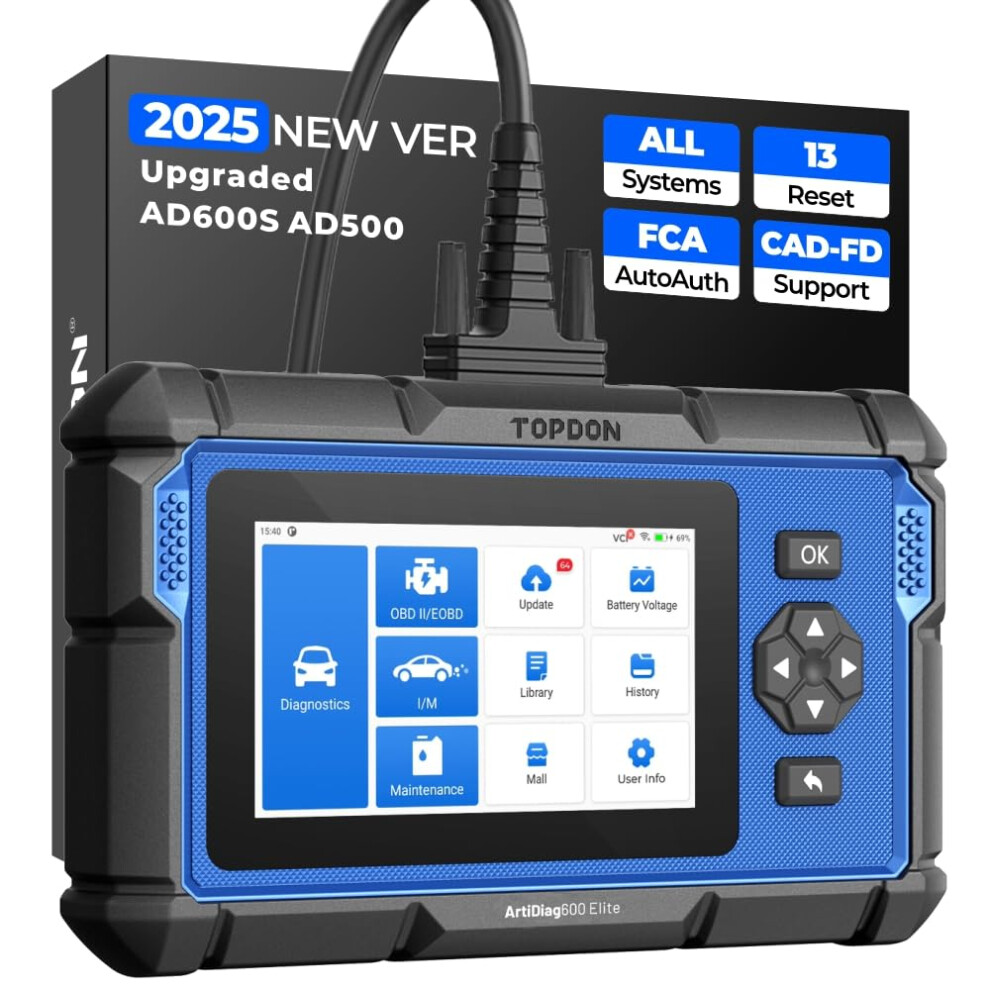 Topdon Artidiag600 Elite Obd2 Scanner, 2025 Full-System Car Diagnostic Tool, 13 Maintenance Services, Fca Autoauth, Automotive Scan Tool With Can-Fd, 7803750732374