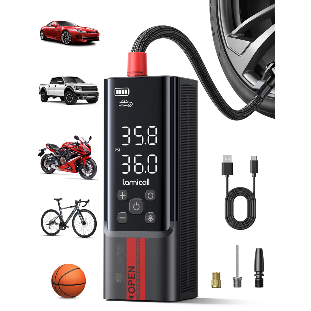 Lamicall Cordless Tyre Inflator Air Compressor - [Metal Cylinder] 150Psi Electric Pump With Digital Dual-Value Display, Portable Air Pump For Car Mot 3545681798978