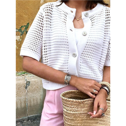 Women'S Short Sleeve Openwork Crochet Button Front Knit Cardigan White S 2