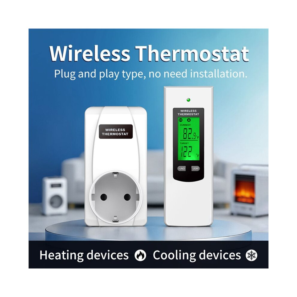 Plug Thermostat Temperature Controller+Rf433mhz Remote With Lcd Display Heating/ Cooling Mode Switchable Uk Plug White 4711537979436