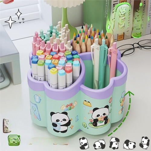 Panda Sticker Four-Leaf Multifunctional Rotating Pen Holder - Multifunctional Large Capacity Desk Organizer for Students 1