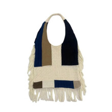 Gestrickte, Gehäkelte, Ästhetische Schultertasche für Damen, Vintage-Patchwork, Quaste, Einkaufstasche, Modisches Design, Damenhandtasche E