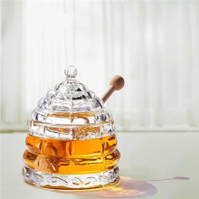 Pote de Mel de Cristal em Formato de Colmeia com Colher Dosadora - Elegante Pote de Vidro para Mel com Tampa, Dispensador de Mel Anti-Gotejamento