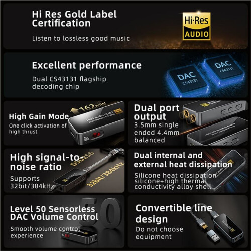 3.5mm 4.4mm 384KHz/32bit Stereo Music HiFi Audio Headphone Amplifier Small Tail Power Amplifier DAC DSD Audio Decoder 2