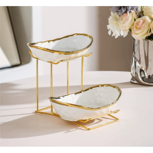 1set Double Layered Ceramic Fruit Bowl, Kitchen Countertop with Metal Frame, Ceramic Fruit Basket Holder 2