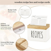Caixa de Receitas de Madeira, Organizador de Receitas, Conjunto de Caixa Porta-Cartões de Receitas com Tampa e Espaços para Escrever Suas Próprias