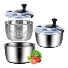 Stainless Steel Salad Spinner, 5.3Qt Large Lettuce Dryer, Vegetable & Fruit Washer with Drain, Easy Clean, Non-Slip Base