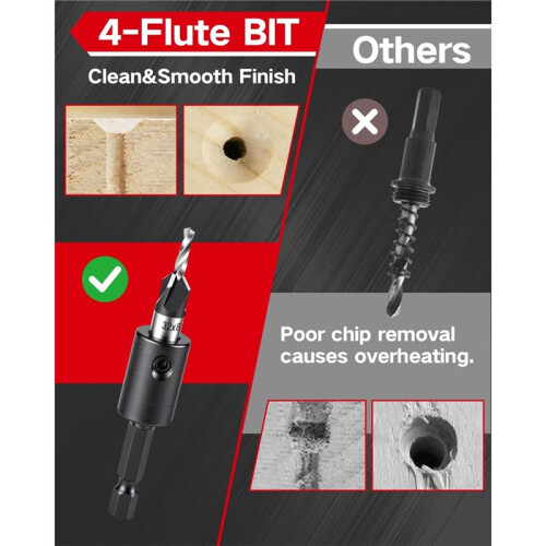 7 PCS Countersink Drill Bits Set, 4PCS Four-Flute HSS M2 Tapered Drill Bits and Adjustable Depth Stop Collar 1