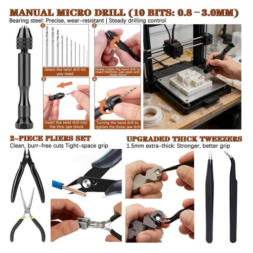 66Pcs 3D Printer Tools Kit for FDM/SLA Printers Deburring Tool, Scrapers, Brushes, Hand Drill, Tweezers & More 2