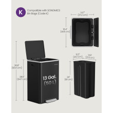 SONGMICS Kitchen Bin 50 L, with 15 Bin Bags, Stainless Steel,