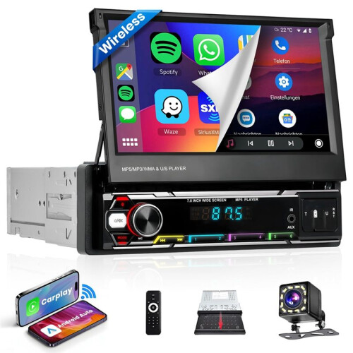 Rádio Carplay Android Auto Single Din Sem Fio, Som Automotivo Dobrável Manual de 7 Polegadas com Câmera de Ré, Mirror Link/AM/FM 2