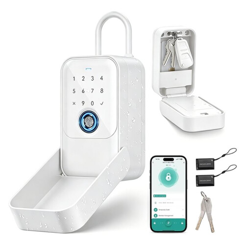 Key Lock Box,  Lock Box with Fingerprint & Passcode & Access Card & Key & APP Control, White