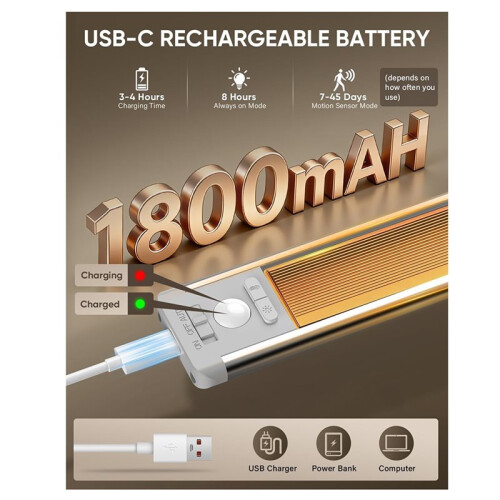 Luzes de LED de 10 Polegadas para Armários, Recarregáveis com Sensor de Movimento, com 3 Cores para Cozinha e Escadas (5 Unidades) 1