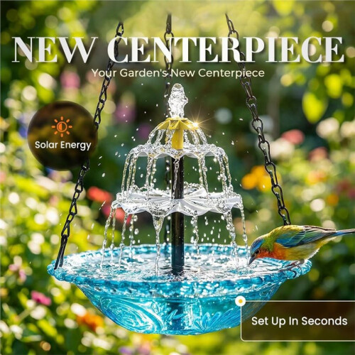 1pc Solar-Powered 3-Layer Hanging Bird Bath Fountain with Glass Bowl