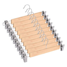10 Pack Wooden Skirt Hangers with Adjustable Clips Non-Slip Trouser Hanger Natural Finish Lotus Wood Pants Hangers 360