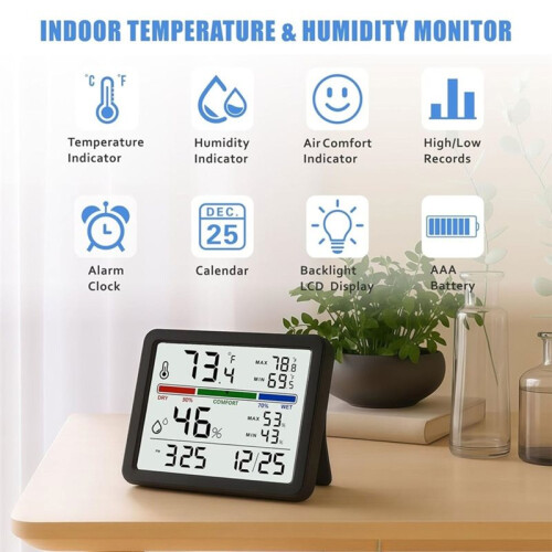 Digital Thermometer-Hygrometer, Indoor Wall Thermometer with Backlight, Digital Alarm Clock, Date Display 1