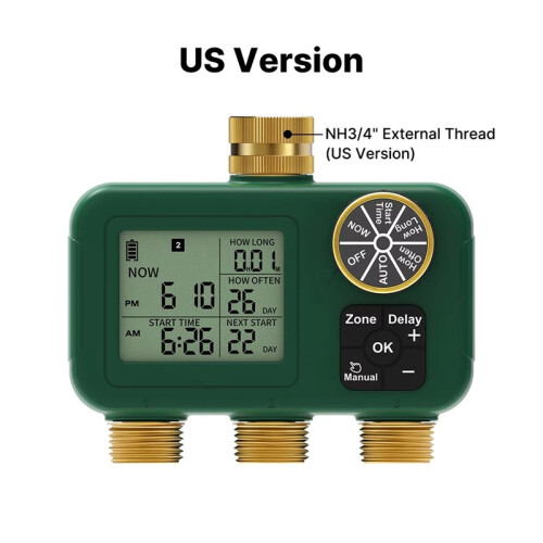 3-Outlet Automatic Water Timer Brass Inlet Outlet Rotary Knob Button Control LCD Display Screen IP55 Child Lock 1
