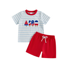 (4 Years, Blue) Kids Boys Independence Day Outfits Ice Cream Embroidery Round Neck Short Sleeve Tops Elastic Waist Shorts 2Pcs Clothes Set