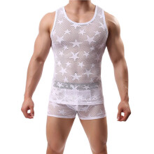 Men'S Star Print Mesh Fishnet Breathable Sleeveless Fitted Tank Tops Muscle Sheer Undershirts White M