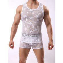 Men'S Star Print Mesh Fishnet Breathable Sleeveless Fitted Tank Tops Muscle Sheer Undershirts White S