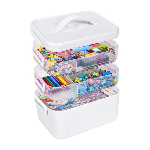 13.3 QT Stackable  Storage Organizer Box with Handle, White, 3 Removable Trays for Art Supplies and Crafting
