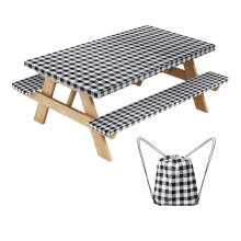 Picknicktischdecke mit Bankabdeckung und Tasche, Campingtisch-Set mit Elastischen Kanten, Schwarz + Weiß