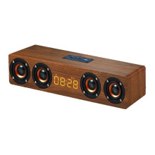 Rechargeable Multi Functional Wooden Clock with Soundbar Speaker and FM Radio for Computer TV Speaker Brown