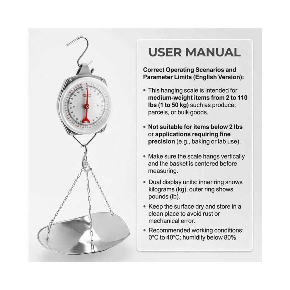 110 Lbs Large Display Hanging Scale With Scale Scoop Kitchen Dial Weight Scale Silver Industrial Spring Scales 4712988062395
