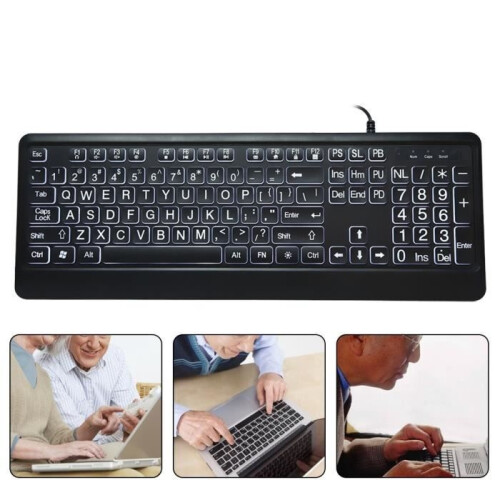 Ergonomic USB Wired Keyboard with Large White Keys, Backlit Multimedia Silent Keys for Home Office