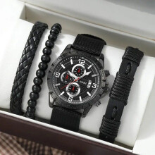Men's Quartz Watch with Bracelet, Elegant Gift Box, 4 Piece Stainless Steel Set, Silver Tone